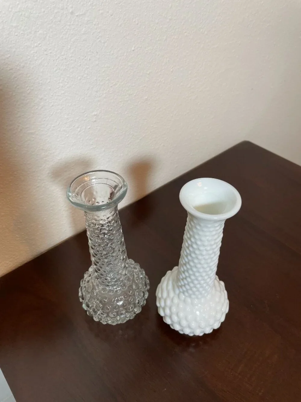 Vintage EO Brody Bud Vases - Set!  Clear Glass and Milk Glass Hobnail pattern